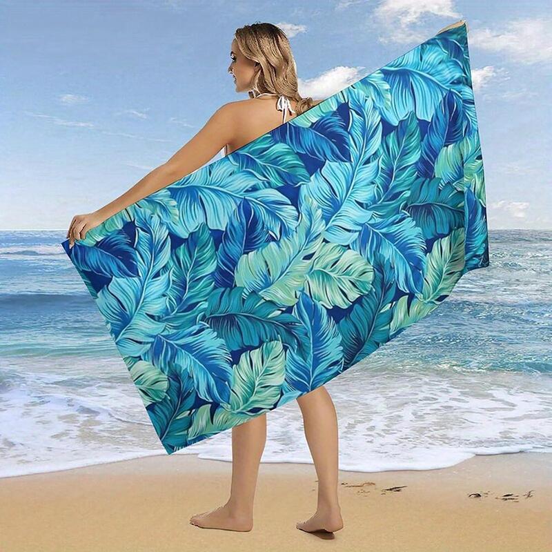 Blue-Green Leaf Print Beach Towel, Lightweight, Water-Absorbent Microfiber, Portable, Suitable for Summer Beach Trips