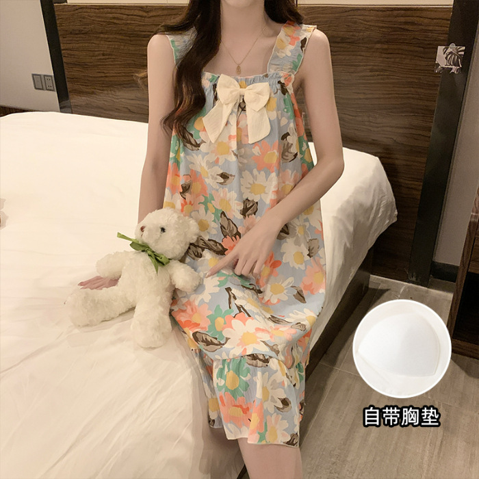 2025 pijamas de verano de niñas sin mangas de encaje dulce vestido de pijama nubes de algodón cinturón cojín de pecho flor triturada dulce ropa de viento para el hogar