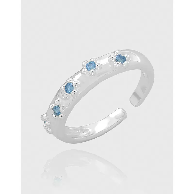 JZ128日韩风INS小众海蓝宝石S925纯银戒指小花朵设计感轻奢银指环