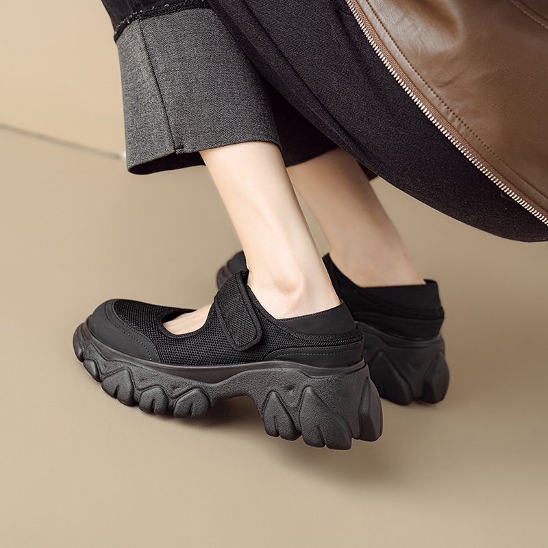 Giày Mary Jane nữ đế dày da thật quai ngang khóa Velcro — Đen + lưới, Đen + vải lụa