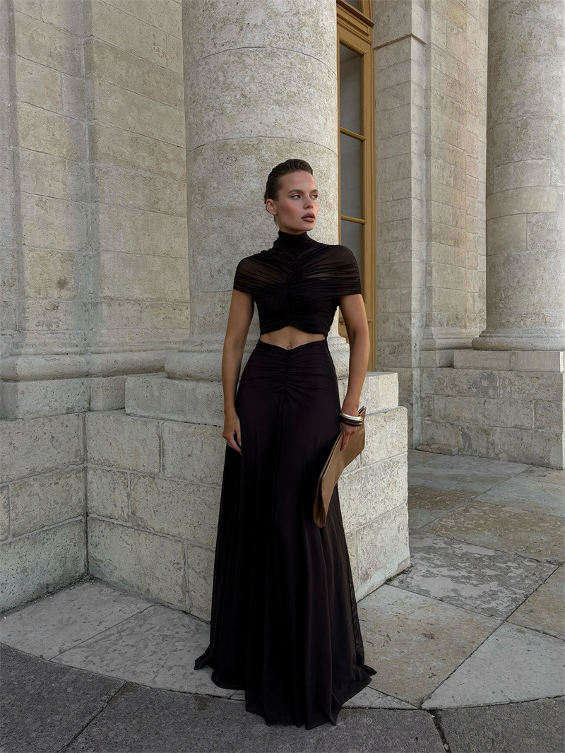 Women's Sexy Hollow Out Short Sleeve Mock Neck Ruched High Waist Floor Length Maxi Dress – Trendy Club Gown_ecoleips.com