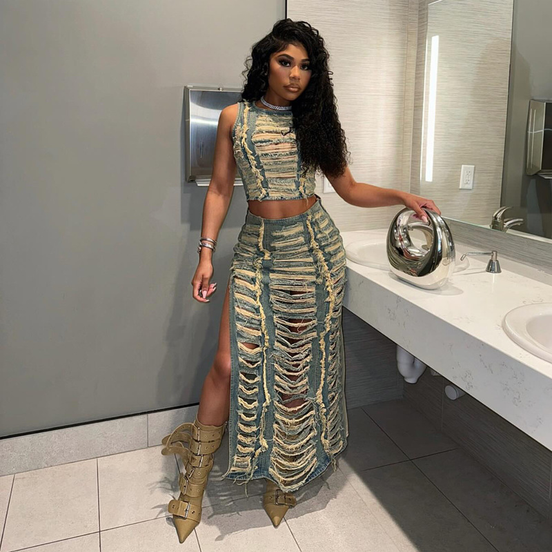 European and American Women's Denim Suit Cross-border Women's Fashion Personalized Handmade Abraded Vest High-slit Denim Skirt Suit