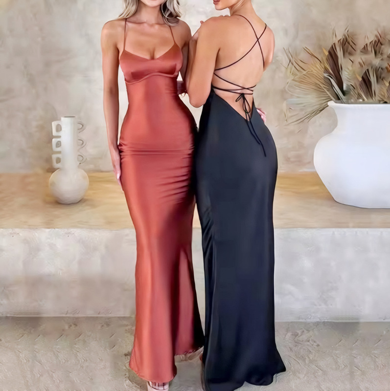 Amazon Cross-Border Women's Sexy Suspender Satin Dress Autumn New Fashion Backless Strap Waist Long Skirt Amazon Cross-Border Women's Sexy Suspender Satin Dress Autumn New Fashion Backless Strap Waist Long Skirt