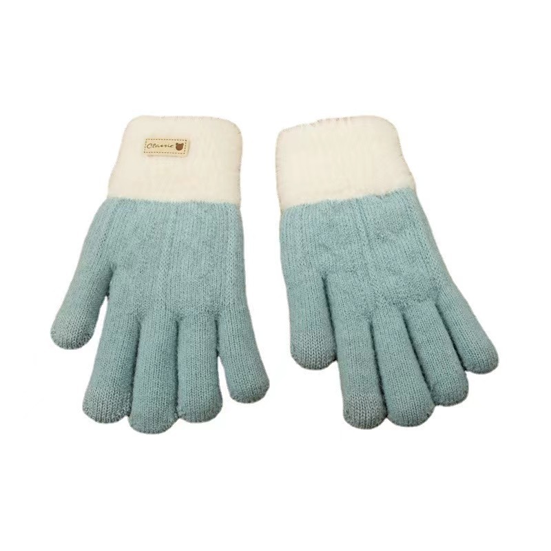 Guantes de lana de punto de estilo coreano de las mujeres de invierno forrados de lana engrosada ciclismo cálida pantalla táctil de doble capa de color a juego guantes al por mayor