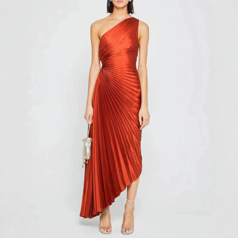 In-Stock Foreign Trade 2026 New Summer European and American Cross-Border Satin Pleated Fashion Party Dress One-Shoulder Dress for Women In-Stock Foreign Trade 2026 New Summer European and American Cross-Border Satin Pleated Fashion Party Dress One-Shoulder Dress for Women