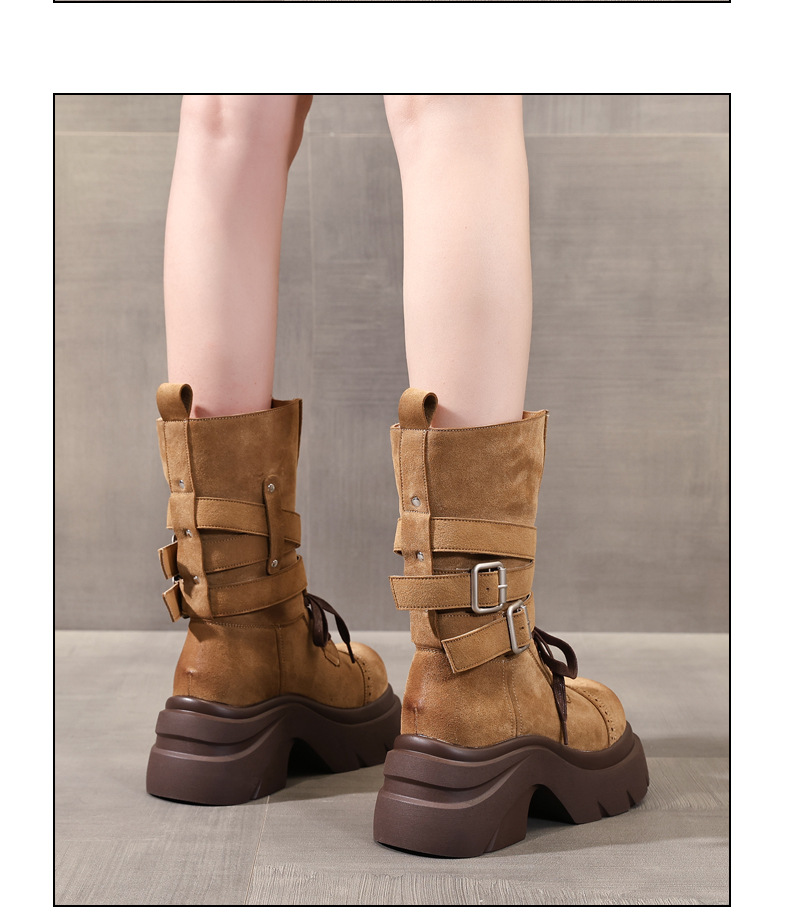 Giày boot nữ đế dày nâng chiều cao phong cách retro, khóa thắt lưng — đen chi tiết 11