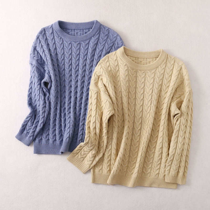 Winter New Solid Color Spun Silk Cashmere Blended Coarse Wool Twist Lazy Style Pullover Sweater Thickened Sweater