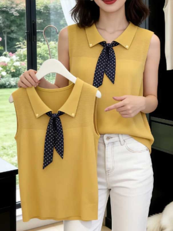 Áo len cổ Polo dệt kim tay ngắn họa tiết chấm bi lụa phối khăn, form rộng thoải mái — Màu ảnh