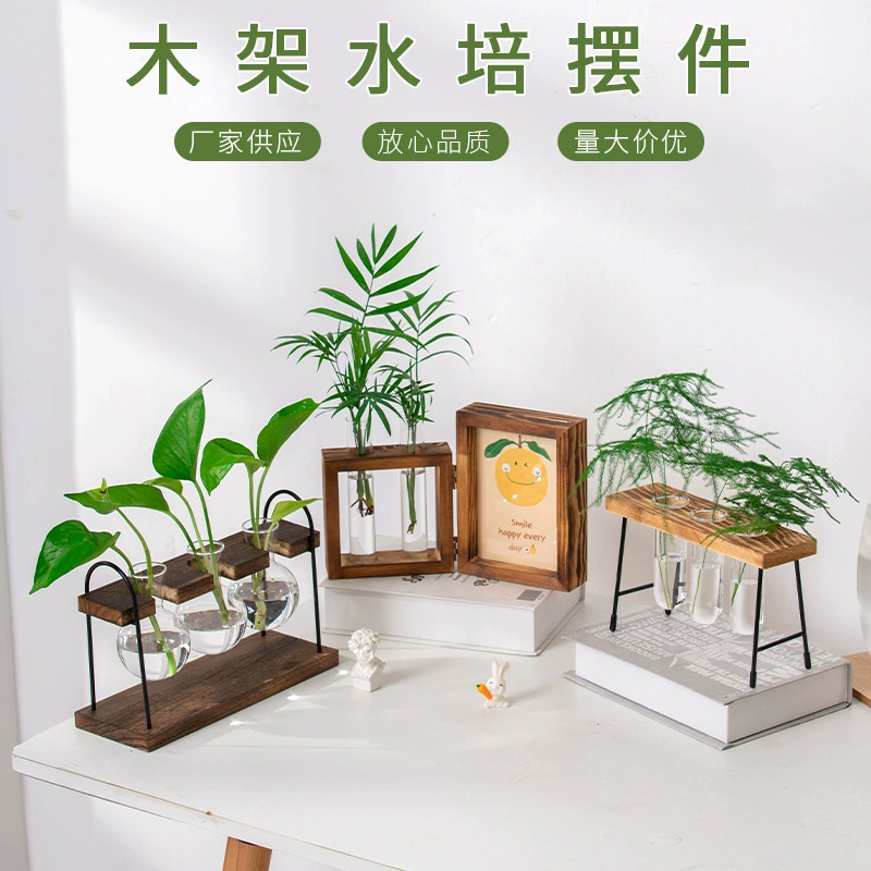 Новая фоторамка Гидропоника Зеленое растение Стеклянная пробирка Деревянная подставка Ваза Стенд Деревянная подставка Пробирка Ваза Контейнер Настольные украшения