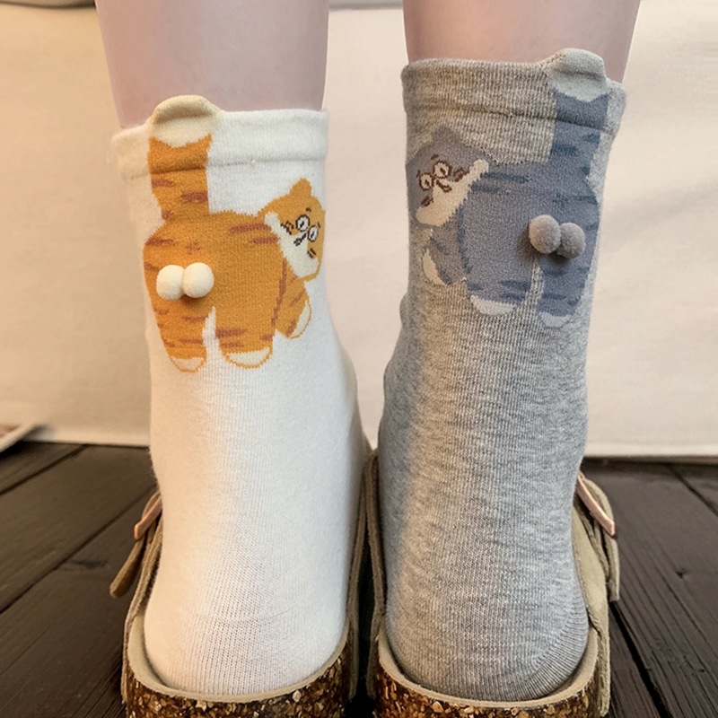 Meias engraçadas de gato de desenho animado original, meias femininas de cano médio, meias de algodão da moda para primavera e outono, meias fofas de animais sem osso.