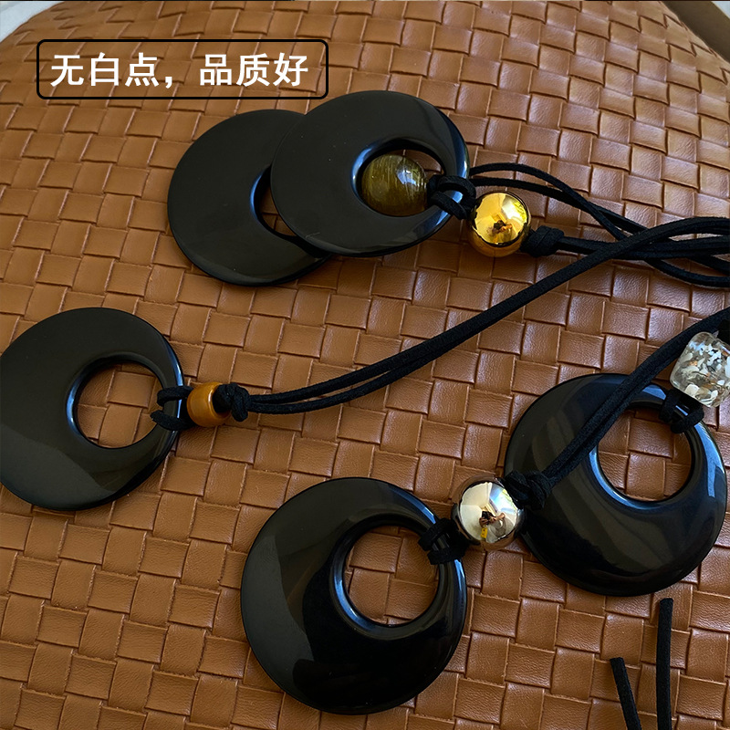新款黑曜石5CM偏心扣黑繩長款吊墜新中式天然石設計感百搭項鍊新