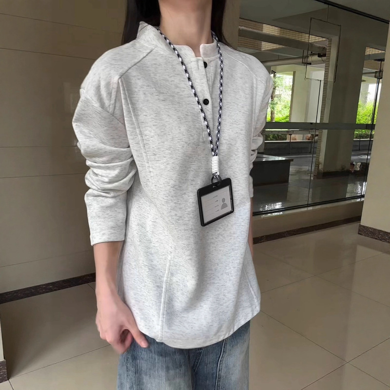 亨利领polo衫长袖t恤男款秋季拼接重磅无帽卫衣正肩白灰色打底衫|undefined