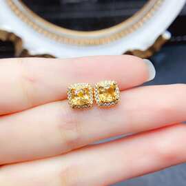 新款天然黄水晶耳钉S925银镶嵌主石5*5mm百搭网红爆款女饰批发