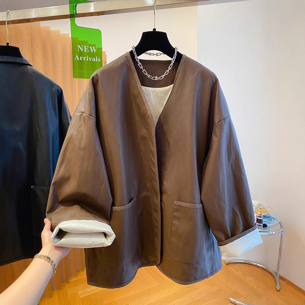 设计感黑色皮衣外套女春秋2025新款宽松洋气时髦酷飒风中长款上衣