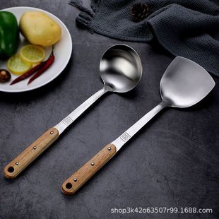 304 stainless steel spatula solid wood handle thickened household stir-fry spatula 3mm 3 nails stir-fry spatula spoon colander