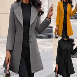 冬季新款女式外套韩版修身中长款2024亚马逊欧美女装跨境毛呢大衣