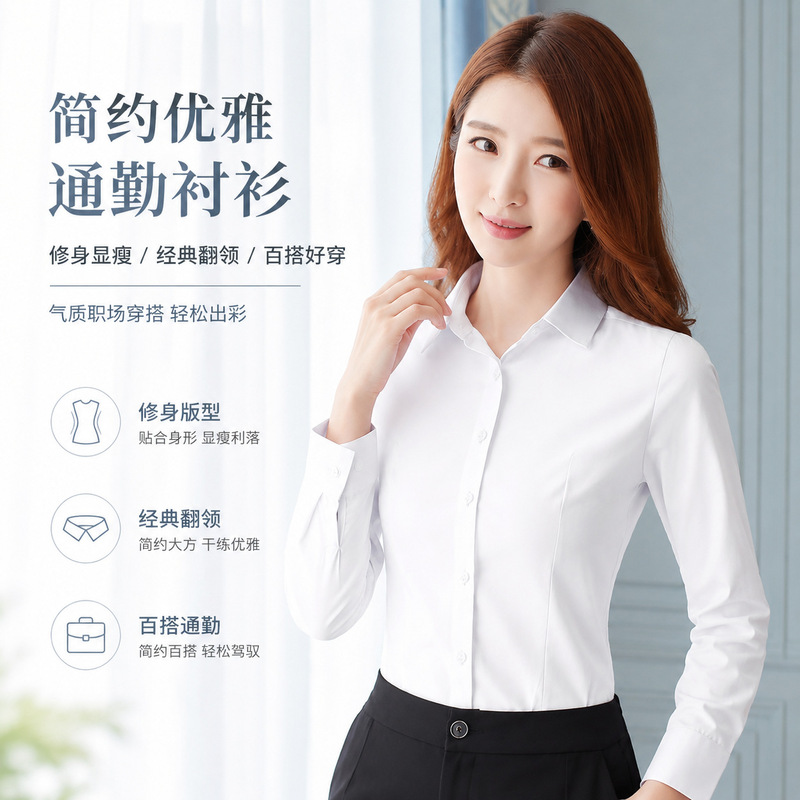 Long-sleeved professional white shirt for women, formal attire for interviews, commuting, business, V-neck workwear, women's workwear, white shirt for women