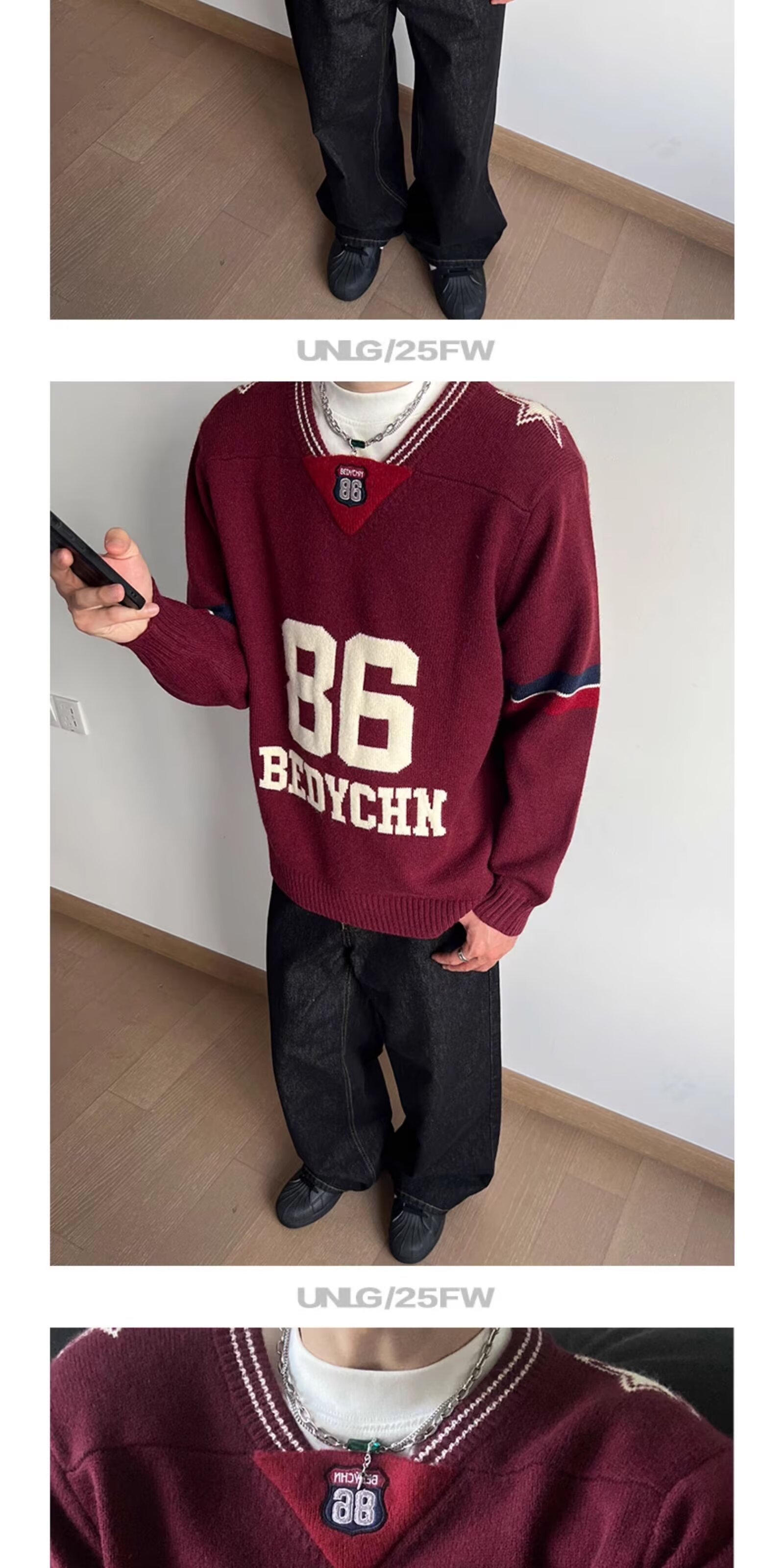 Men's Retro Color Block V-neck Pullover Sweater For Men Navy Red_voghion.com