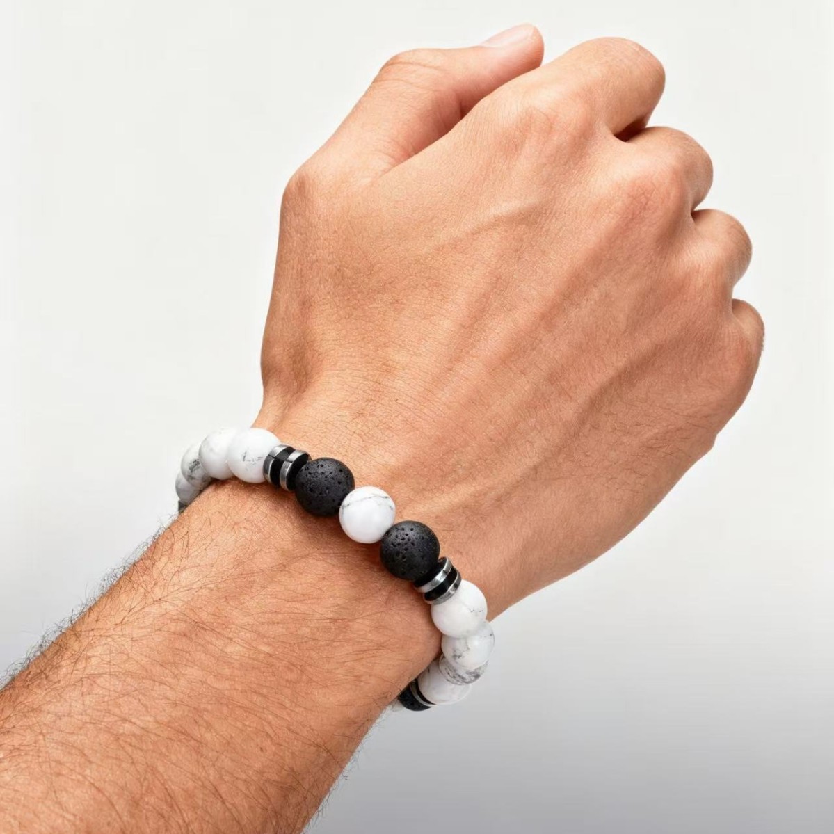 Conjunto de 4 pulseiras elásticas de alta qualidade e estilo masculino com contas de pedra vulcânica olho de tigre e turquesa branca para casais._voghion.com
