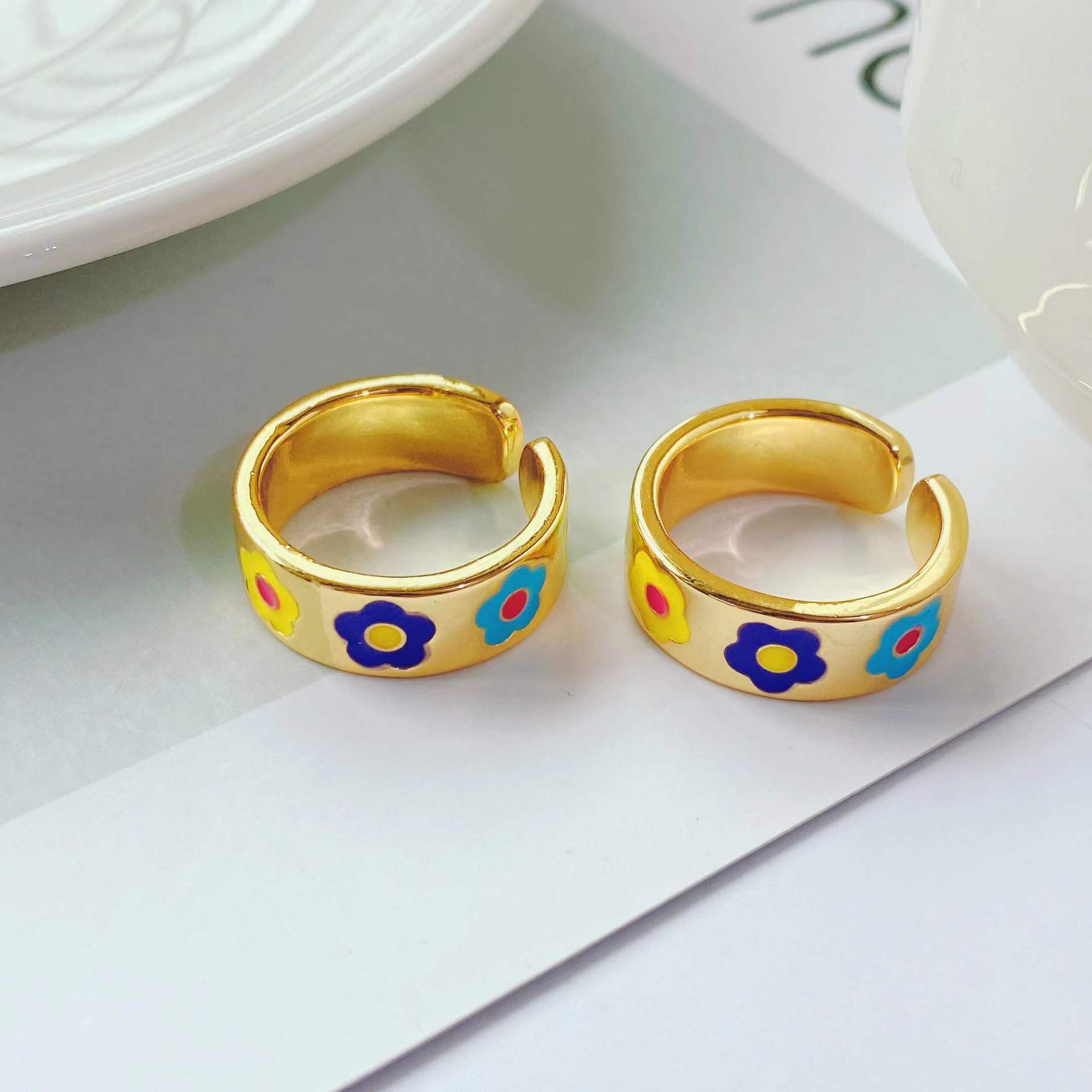 European and American simple flower ring plated 18k gold dripping oil opening adjustable ring