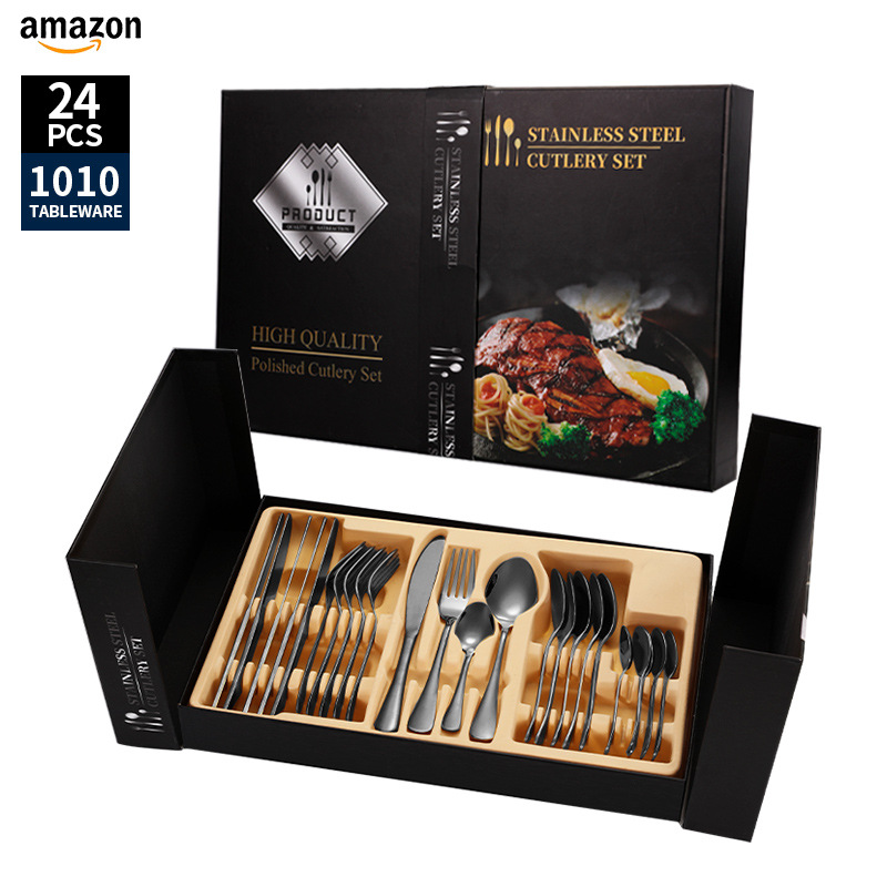 Juego de vajilla de acero inoxidable de Amazon transfronterizo 1010 Cuchillos, tenedores y cucharas de comida occidental Juego de 24 piezas Cuchillos y cucharas de bistec