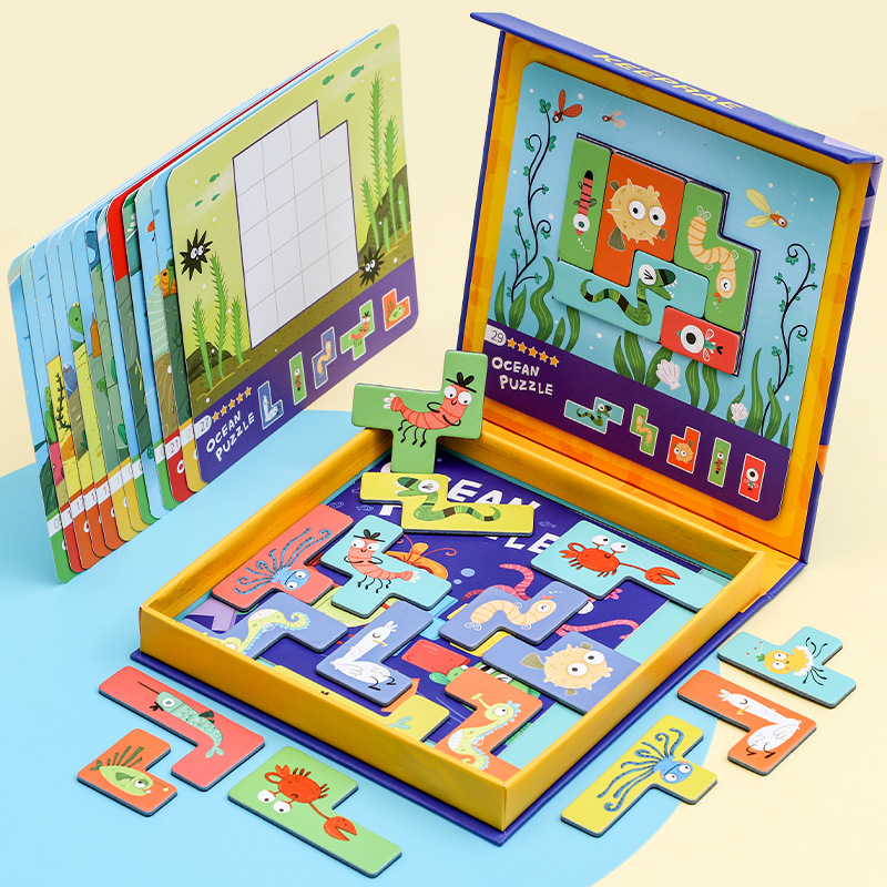 Niños de madera vertical magnetismo en T crucigrama digital animal de iluminación marina rompecabezas geométrico educación temprana juguetes educativos