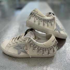 高版本2024韩版复古不规则做旧星星鞋 银色链条平底真皮女单鞋