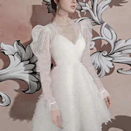 越南轻奢女装澳洲法式蕾丝蓬蓬裙长袖白色连衣裙网纱裙伴娘裙9427