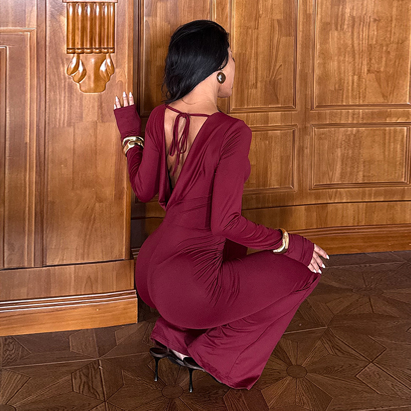 Xy25224 European and American Style Sexy Backless Long-Sleeved Slim-Fit Jumpsuit 2026 Spring New Solid Color Jumpsuit