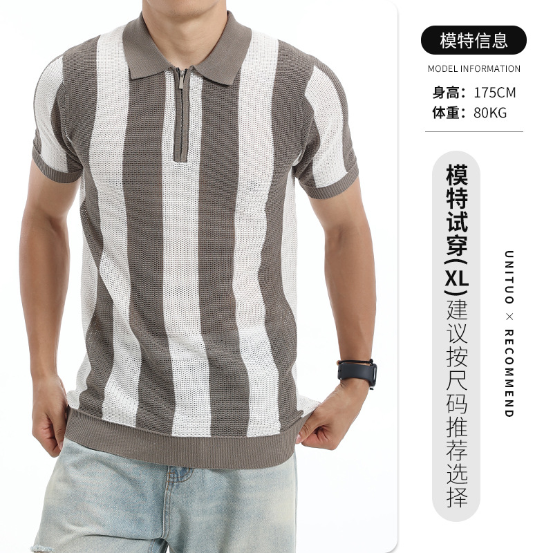 Europa y los Estados Unidos transfronterizos para hombres colores contrastantes rayas verticales jersey polo seda de hielo semia cremallera collar manga corta hombre de negocios casual