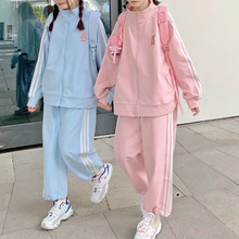 秋季日系套装女学生宽松学院风软妹蓝色休闲外套+阔腿裤子两件套