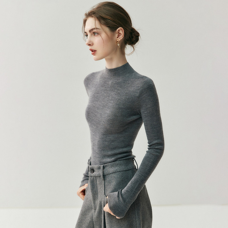Yangzi 18-stitch fine-knit one-piece garment 100% pure wool sweater for women, semi-high collar, thin base knit sweater