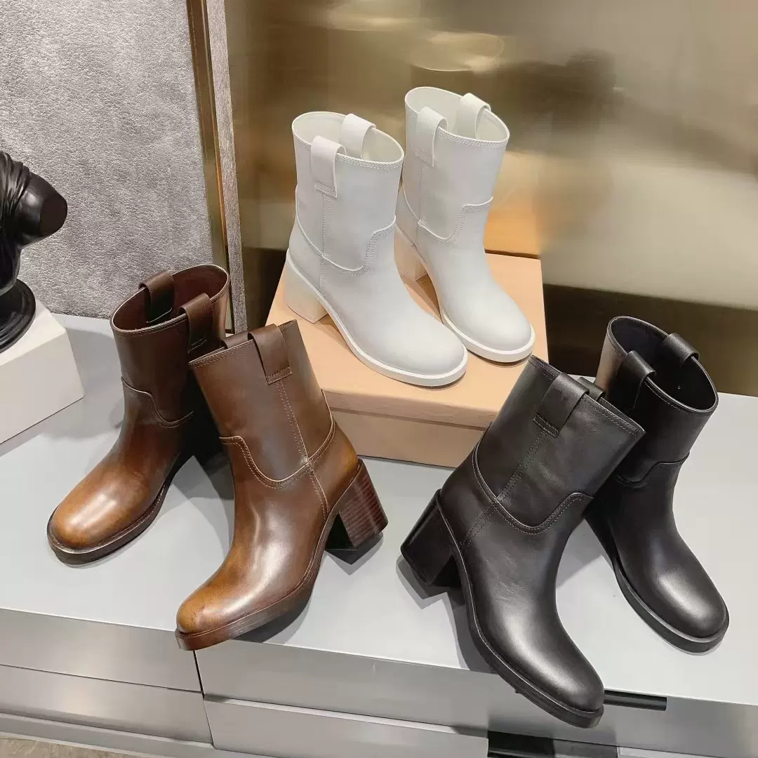 法式复古棕色西部靴圆头粗高跟牛皮擦色一脚蹬宽筒烟管靴短靴子女