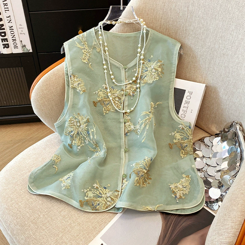 Настоящая фотография женского жилета, новый китайский стиль, легкое летнее платье в национальном стиле, тонкий топ с вышивкой из органзы, жилет и куртка.