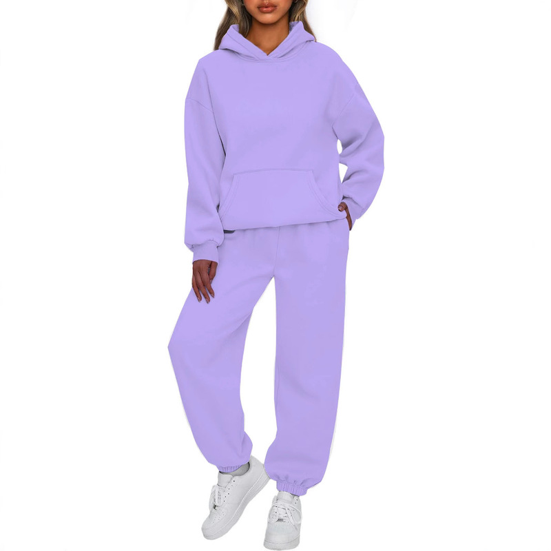 European and American Foreign Trade Threaded Bottom Swing Hat-free Rope Autumn and Winter New Arrival Shoulder Sleeve Women's fleece-lined Sweatshirt suit Pants for Women European and American Foreign Trade Threaded Bottom Swing Hat-free Rope Autumn and Winter New Arrival Shoulder Sleeve Women's fleece-lined Sweatshirt suit Pants for Women