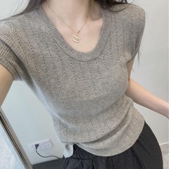小香風U襟透かし彫り氷糸メリヤス半袖tシャツ女性夏新作着痩せ気質百合ショートコート