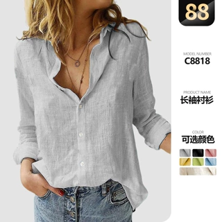 外贸女装衬衫欧美亚马逊跨境爆款秋季2025新款长袖衬衣女纯色休闲