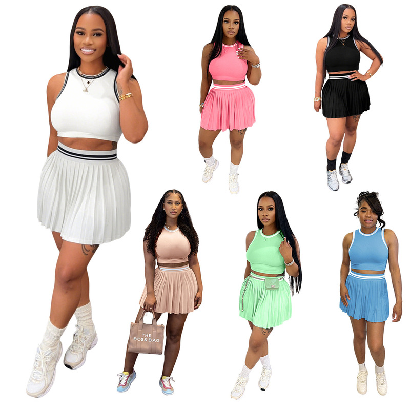 M3089 European and American Cross-Border Women's Clothing Amazon Aliexpress Sleeveless Short Vest Casual Pleated Skirt Suit