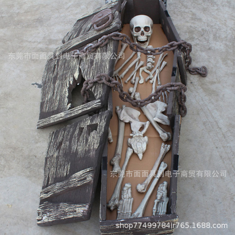 Decoraciones de terror de Halloween, ataúdes, adornos de esqueleto de momia, casas embrujadas, habitaciones para escapar, accesorios realistas aterradores, ataúdes de reunión de almas