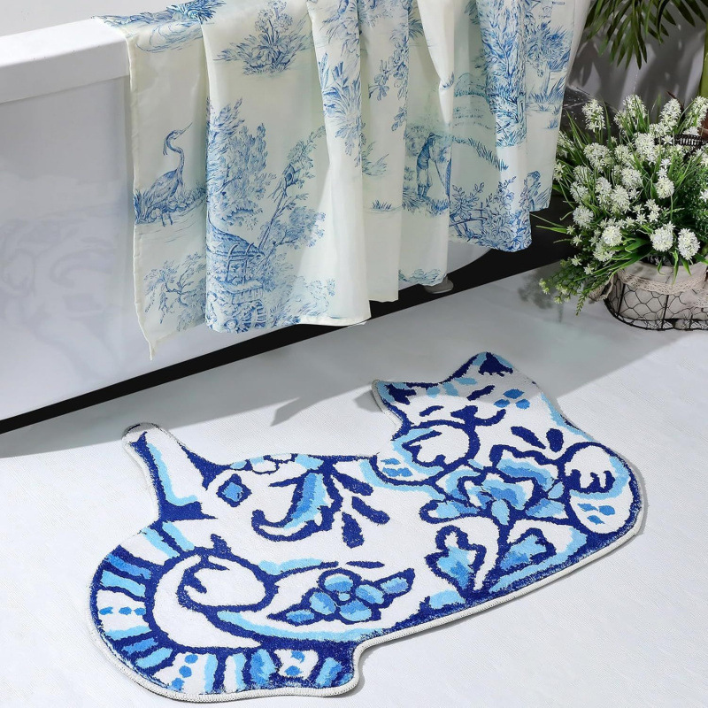 跨境亚马逊青花瓷猫猫卧室隔凉床边毯客厅茶几耐脏仿羊绒易打理垫