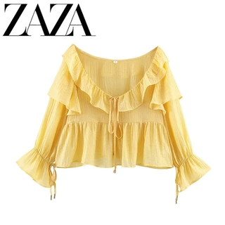 ZAZA 自制欧美风 批发女装 时尚百搭气质 设计荷叶边露肩上衣衬衫