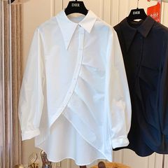 大きいサイズの婦人服 2025春秋新作 デザイン性のあるゆったりシャツ 女性用アシンメトリーなエレガントなシャツトップス