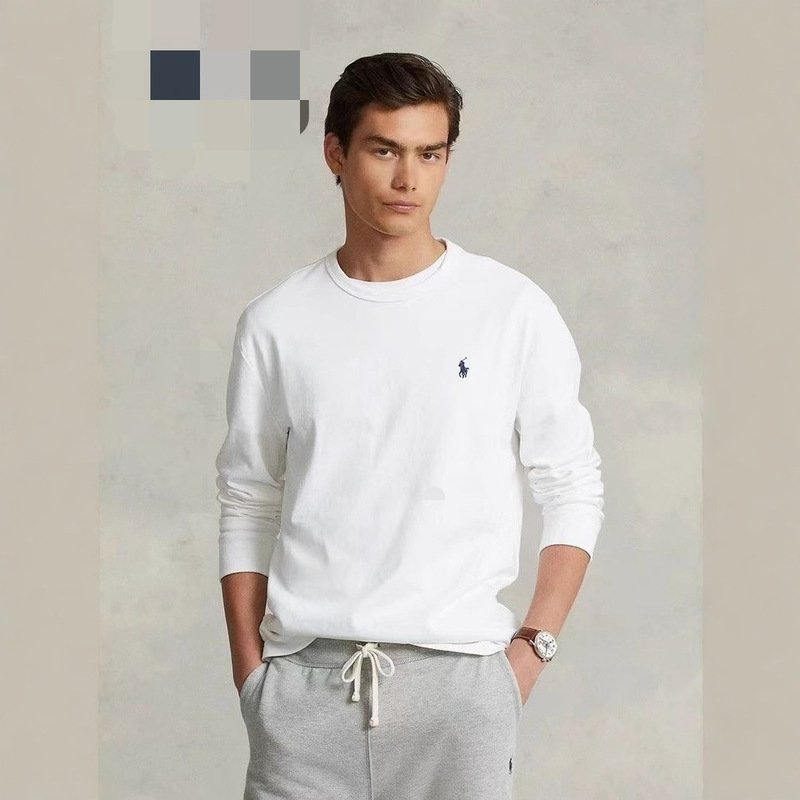 Cross-Border Export High-Quality Rl Embroidered Pony Round Neck Long-Sleeved T-Shirt Sweatshirt Heavyweight 230 Classic Pure Color Bottoming Shirt