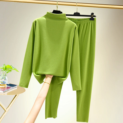 German half-high collar long-sleeved warm set autumn and winter version padded and thick base shirt and pants double-sided plush monochrome underwear