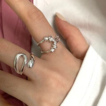 网红几何镂空戒指女线条绳结个性设计S925镀银开口指环嘻哈食指戒