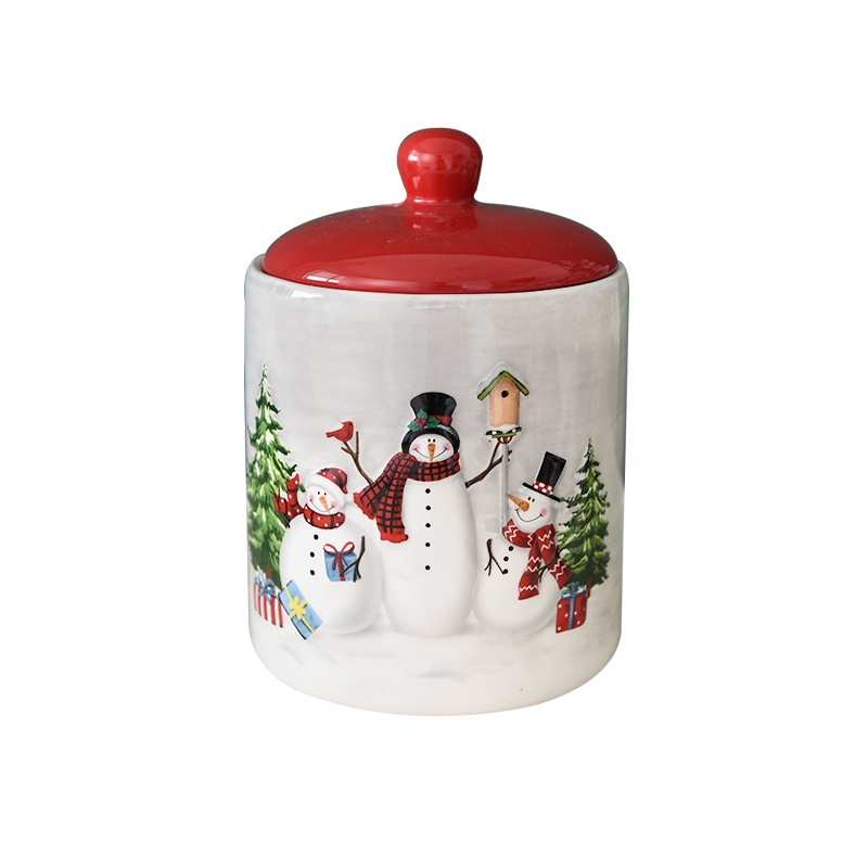 Nórdico de Navidad muñeco de nieve redondo sellado tarro grande de cerámica tarro de merienda creativo regalo de Navidad tarro de almacenamiento