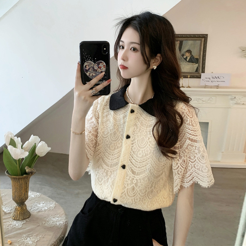 娃娃領镂空蕾絲衫女夏季2022新款甜美拼色設計感外穿別致短袖上衣