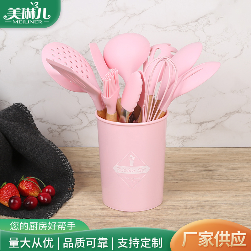 Customized pink wooden handle silicone k...