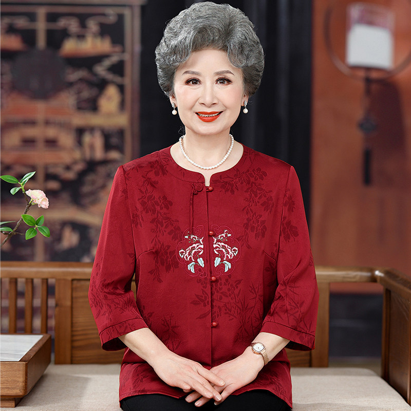 Middle-Aged and Elderly Women's Shirts, Grandma's Summer Shirts, High-End Clothing for the Elderly, Wedding Attire for Elderly Mothers, Spring and Autumn Clothing for Mother-In-Law