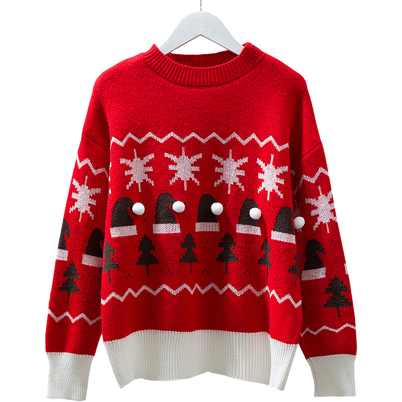 Cross-border foreign trade women's Christmas sweater fashionable pullover round neck Christmas tree jacquard festive sweater loose top